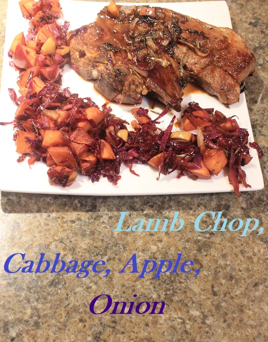 recipe,, lamb chop, cabbage, apple, onion, skillet